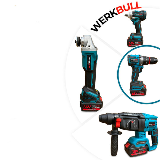 Set Profesional 4 în 1 WerkBull Germania – Ciocan Rotopercutor, Mașină de Găurit/Înșurubat, Polizor Unghiular & Cheie de Impact + 3 Baterii 36V / 8Ah Li-Ion