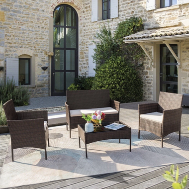 Set mobilier grădină lux din ratan (2 fotolii + canapea + masă)