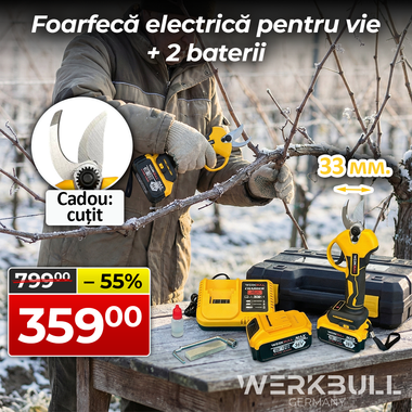 Foarfecă electrică fără perii WerkBull Germany® 36V, 10Ah – Profesională pentru viță de vie și pomi fructiferi