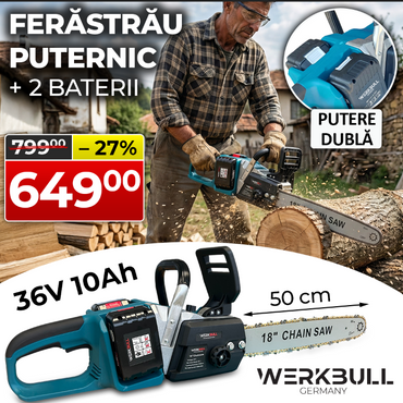 Ferăstrău electric cu acumulator german WerkBull 50 cm, 36V 10Ah + 2 lanțuri și mănuși + încărcător dublu