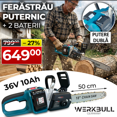 Ferăstrău electric cu acumulator german WerkBull 50 cm, 36V 10Ah + 2 lanțuri și mănuși + încărcător dublu