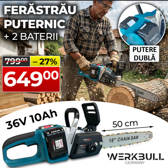 Ferăstrău electric cu acumulator german WerkBull 50 cm, 36V 10Ah + 2 lanțuri și mănuși + încărcător dublu