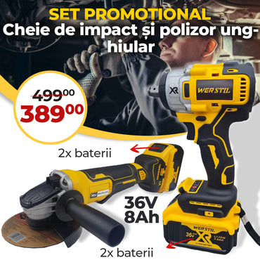 Promotional set of WERSTIL power tools with impact wrench and angle grinder, featuring battery packs and pricing.
