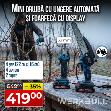 Set Promoțional 2 în 1 WerkBull Germania – Foarfecă electrică profesională pentru vie cu afișaj + Mini Fierăstrău cu lanț cu ungere automată (2 baterii 36V / 8Ah)