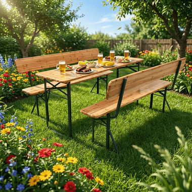 Set de grădină din lemn masiv Bavaria LUX – masă și 2 bănci cu spătar | 8 persoane | Grădină, Curte, Grătar