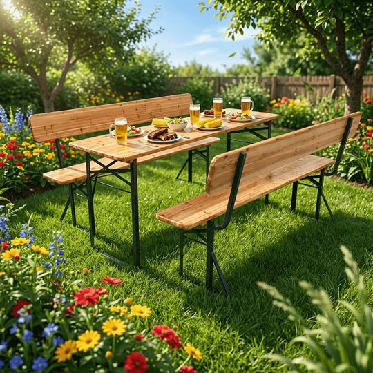 Set de grădină din lemn masiv Bavaria LUX – masă și 2 bănci cu spătar | 8 persoane | Grădină, Curte, Grătar