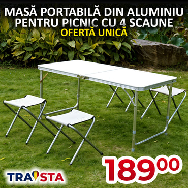 Masă pliabilă portabilă din aluminiu WerkBull cu 4 scaune integrate – 90×70×70 cm