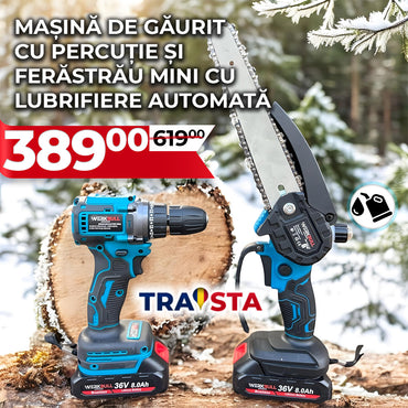 Drill and chainsaw with TRAISTA branding against a forest background