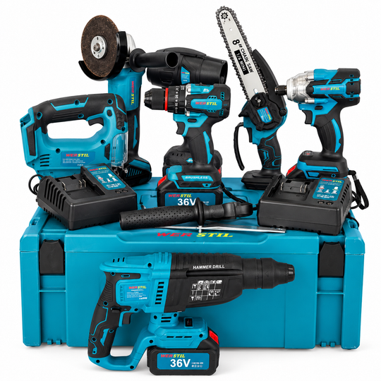 Set acumulator WERSTIL 7 în 1 - Ciocan rotopercutor, cheie de impact, polizor unghiular, mașină de înșurubat, fierăstrău vertical, mini fierăstrău cu lanț, suflantă