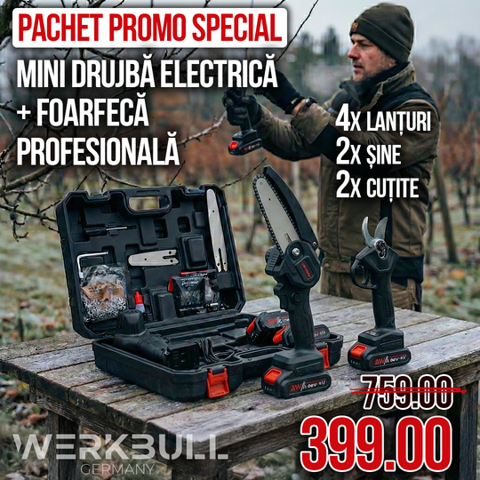 Set Promoțional 2 în 1 WerkBull Germania – Foarfecă Electrică de Viță + Mini Fierăstrău cu Lanț 36V / 8Ah