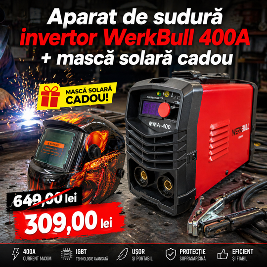 Invertor de sudură WerkBull Germany® 400A + mască solară cadou + accesorii