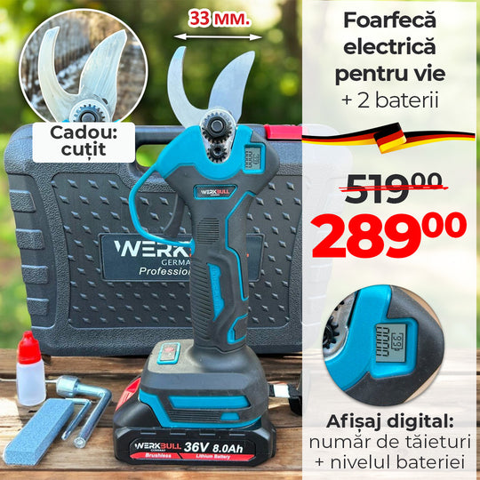 Werk Bull electric pruning shear with accessories and promotional text in a box.