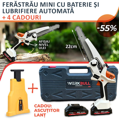Drujbă fără perii cu acumulator WerkBull 36V 8Ah + ungere automată, afișaj digital și 2 baterii