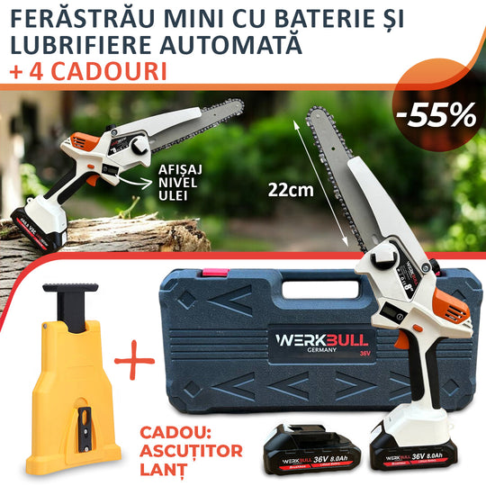 Drujbă fără perii cu acumulator WerkBull 36V 8Ah + ungere automată, afișaj digital și 2 baterii