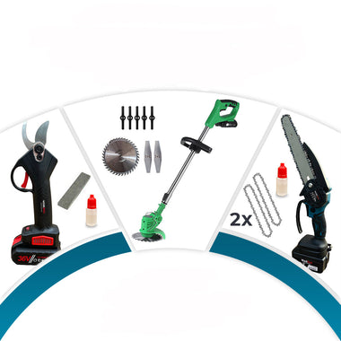 Set Promoțional 3 în 1 WerkBull Germany® – Foarfecă electrică, Mini fierăstrău cu lanț și Trimmer + 6 baterii 36V / 8Ah și 3 încărcătoare