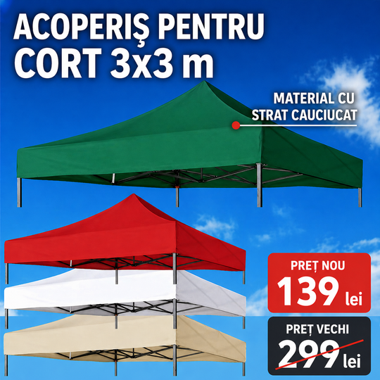 Prelată pentru cort 3×3 m – acoperiș impermeabil cu protecție UV, disponibil în 4 culori