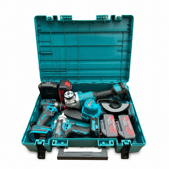Set Profesional 4 în 1 WerkBull Germany 36V 8Ah – Fierăstrău electric 16 cm + Polizor unghiular 125 mm + Cheie de impact 850 Nm + Mașină de găurit/înșurubat + 3 baterii + încărcător + geantă