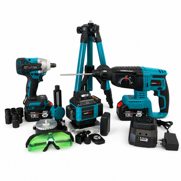 Set 4 în 1 WerkBull fără perii – Ciocan rotopercutor, Cheie de impact-Mașină de găurit și înșurubat și Nivelă laser 4D + 4 baterii