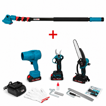 PACHET PROMO 4 în 1 – Pistol turbo pentru suflare, foarfecă electrică pentru vie, mini drujbă cu ungere automată și șină de 22 cm + tijă telescopică + 3 baterii 36V 8Ah