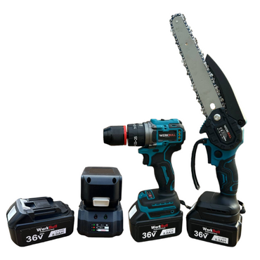 Set 2-în-1 WerkBull Germania – Mașină de înșurubat cu percuție + Mini Fierăstrău cu lanț 22 cm, 2 baterii 36 V / 8 Ah