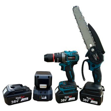 Set 2-în-1 WerkBull Germania – Mașină de înșurubat cu percuție + Mini Fierăstrău cu lanț 22 cm, 2 baterii 36 V / 8 Ah