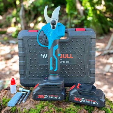 Bull power tool set with pruner and batteries on a natural background