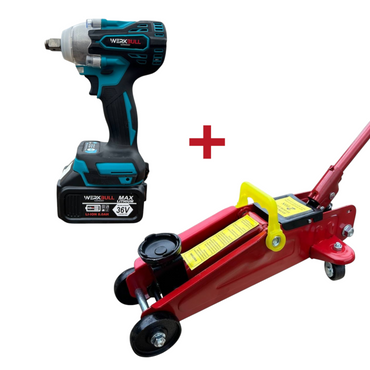 Set Promo 2 în 1 – Cheie de Impact fără Perii 36V 8Ah 850Nm + Cric Hidraulic Tip „Crocodil” 2 Tone