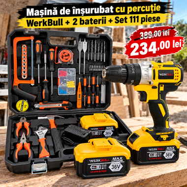 Mașină de înșurubat cu percuție WerkBull Germania® / 36V 8Ah / + 2 baterii + Set 111 piese
