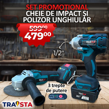 Promotional set of impact wrench and angle grinder with visible brand 'Traista' on a workshop background.