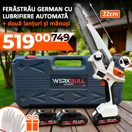 Werkbull power tool set with case on a wooden surface outdoors