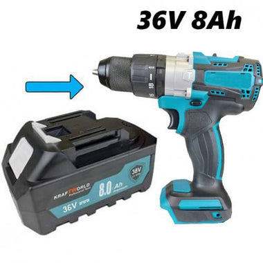Cordless drill and battery pack with '36V 8Ah' label on a white background