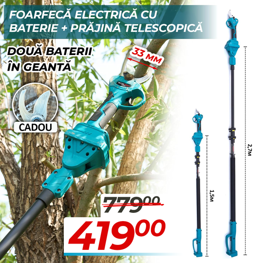 Promoție 2-în-1 WerkBull – Foarfecă de vie profesională + Prăjină telescopică cu lamă de rezervă și pilă