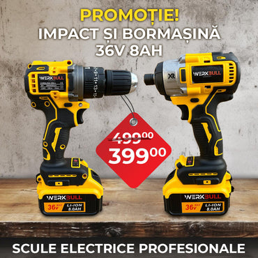 Set Profesional German: Cheie de impact + Mașină de înșurubat fără perii 36V 8Ah, 2 baterii, în geantă WerkBull