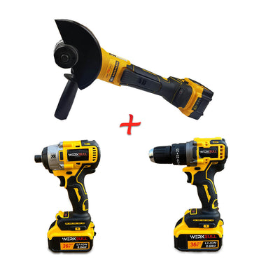 Set Profesional 3 în 1 WerkBull Germania – Cheie de Impact + Bormașină cu Percuție + Polizor unghiular Brushless 36V 8Ah