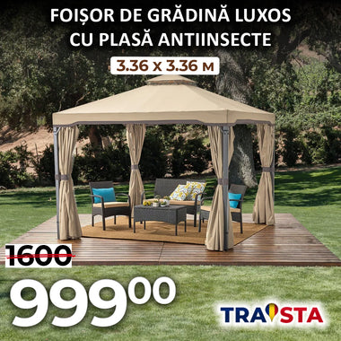 Foișor de grădină de lux cu plasă anti-insecte – 3,36 × 3,36 m