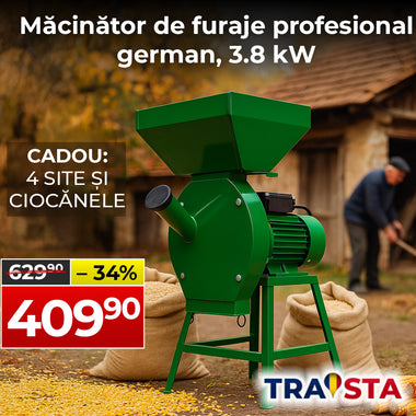 Green agricultural machine with promotional text and TRAISTA branding