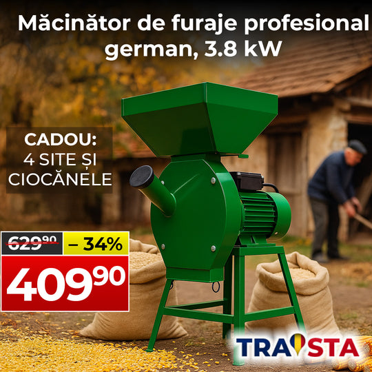 Green agricultural machine with promotional text and TRAISTA branding