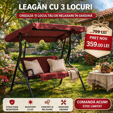 Leagăn de grădină cu acoperiș – 3 locuri, impermeabil, capacitate până la 240 kg