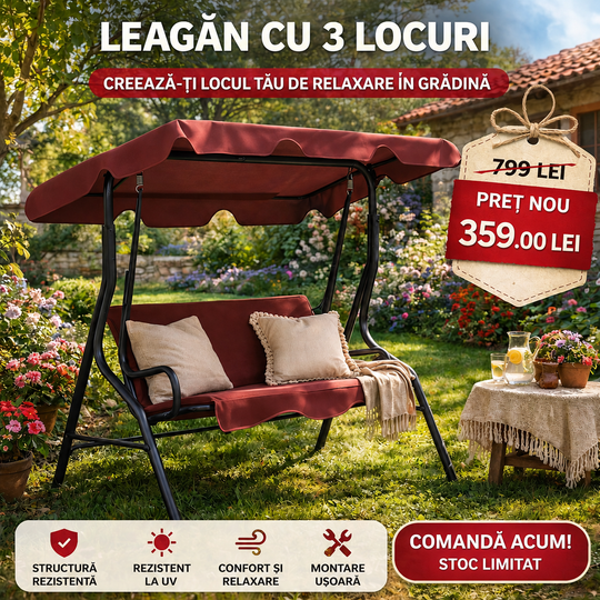 Leagăn de grădină cu acoperiș – 3 locuri, impermeabil, capacitate până la 240 kg