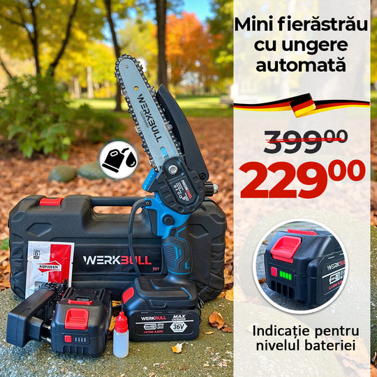 Powerk Bull chainsaw with battery and charger on a grassy background, promotional text in the corner.