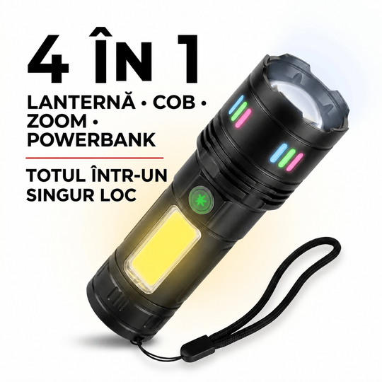 Multifunctional flashlight with COB light, zoom, and power bank features on a white background.