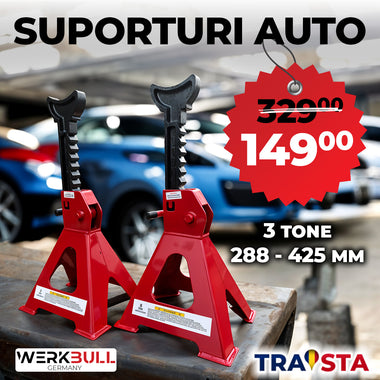 Two red car jack stands with a price tag and branding on a blurred background of cars.