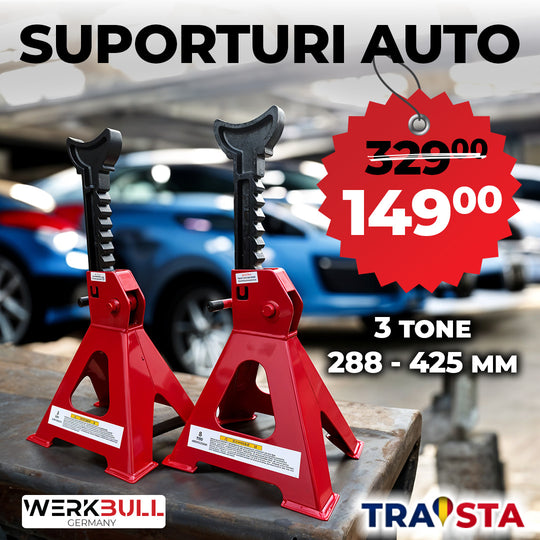 Two red car jack stands with a price tag and branding on a blurred background of cars.