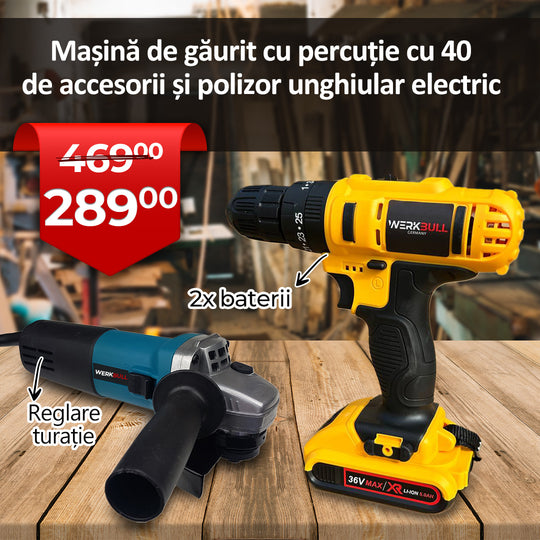 Set Promoțional Profesional: Mașină de înșurubat cu impact 36V 8Ah (2 baterii) + Polizor unghiular WerkBull 125 mm, 1200W cu reglaj turație