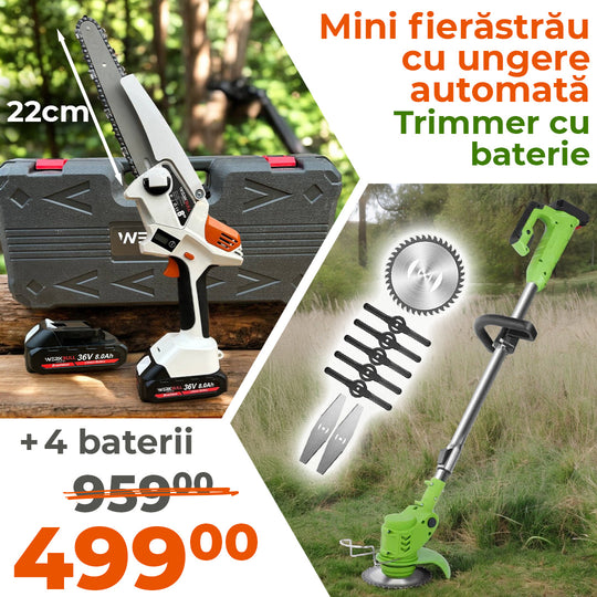 Set Promoțional 2-în-1 WerkBull Germania – Drujbă fără perii + Trimmer cu acumulator (4 baterii 36V / 8Ah + 9 accesorii CADOU)