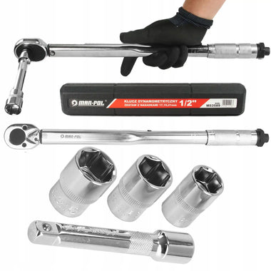 Cheie dinamometrică 1/2″ 28–210 Nm + set tubulare (17, 19, 21 mm) + prelungitor 125 mm – MAR-POL