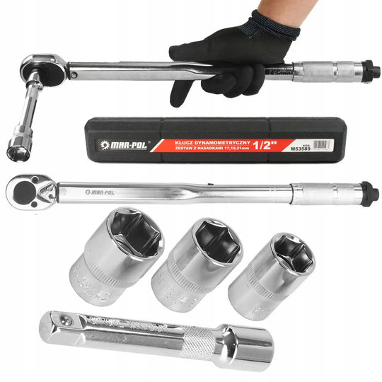 Cheie dinamometrică 1/2″ 28–210 Nm + set tubulare (17, 19, 21 mm) + prelungitor 125 mm – MAR-POL
