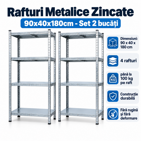 Two gray metal shelving racks shown in a warehouse-like setting, with large Russian text at the top and a vertical specs panel on the right listing dimensions, panel count, load capacity, and coated metal benefits.