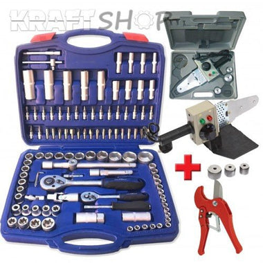 Set Profesional 3 în 1 WerkBull Germany – Trusă de chei tubulare 108 piese + Aparat de lipit țevi PPR + Foarfecă pentru țevi PVC