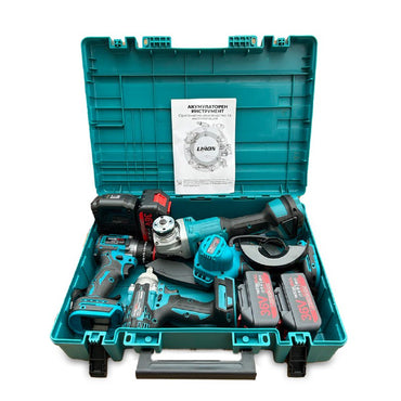 Set Profesional 4 în 1 WerkBull Germany 36V 8Ah – Fierăstrău electric 16 cm + Polizor unghiular 125 mm + Cheie de impact 850 Nm + Mașină de găurit/înșurubat + 3 baterii + încărcător + geantă